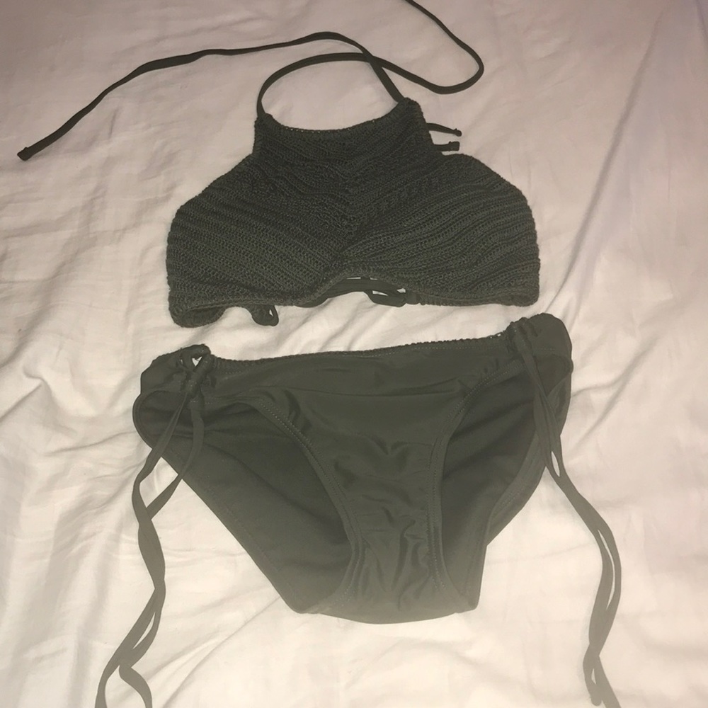 navy green knitted bikini bottom and top